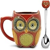 SQOWL 3D Coffee Mug Funny Cute Owl Ceramic Cup Coffee Mug with spoon Tea Mugs Set for Women and girls 12 oz Red