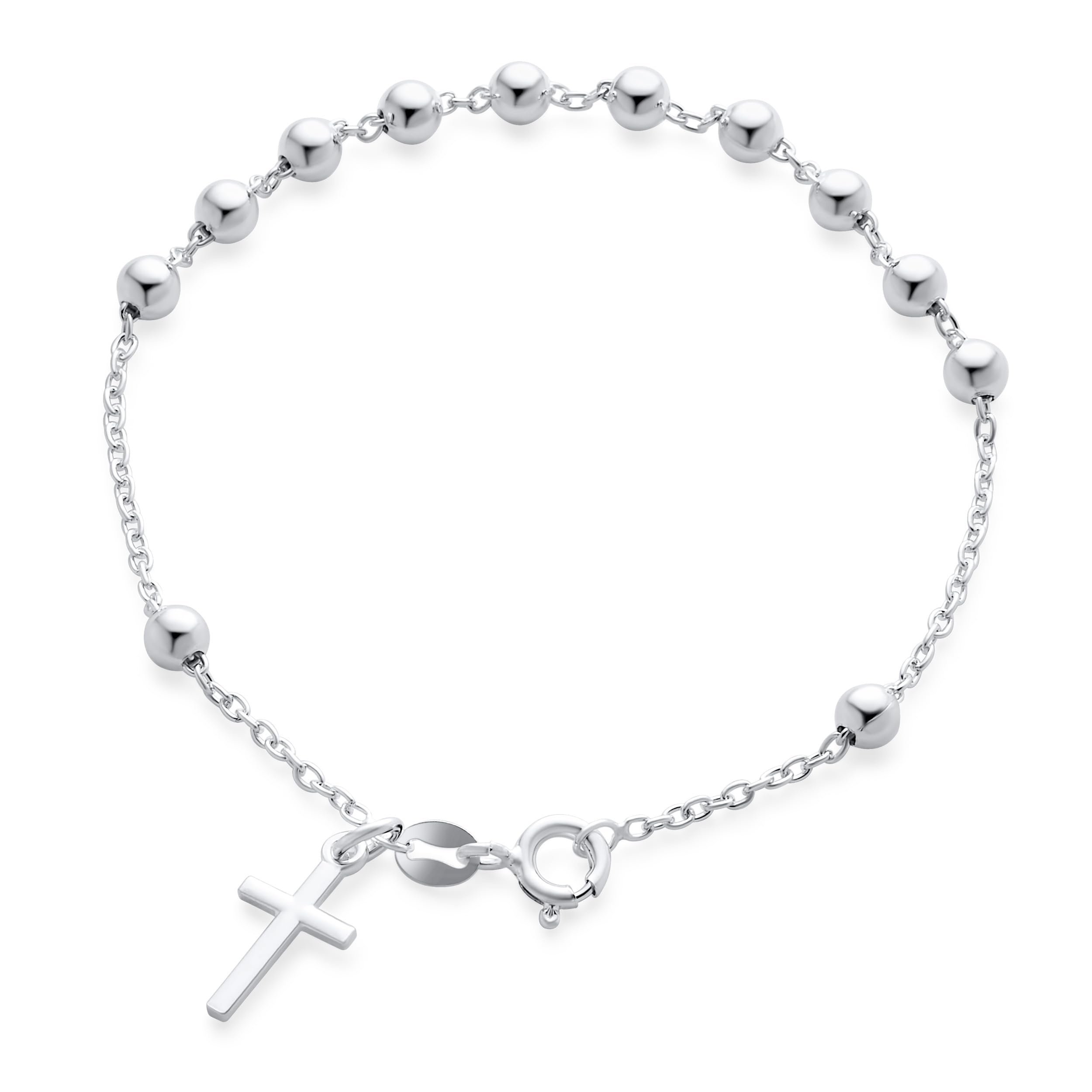 Bling Jewelry Thin Simple Religious Prayer Ball Beads Cross Rosary Bracelet For Women For Teen .925 Sterling Silver