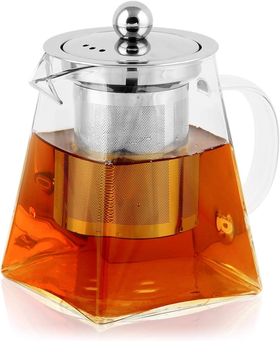 Spring Chef Square Glass Tea Pot with Infuser, Heat-Resistant Borosilicate Glass Teapot with Strainer, Removable Infuser Tea Pot Handmade for One Person-350ml/11.83oz
