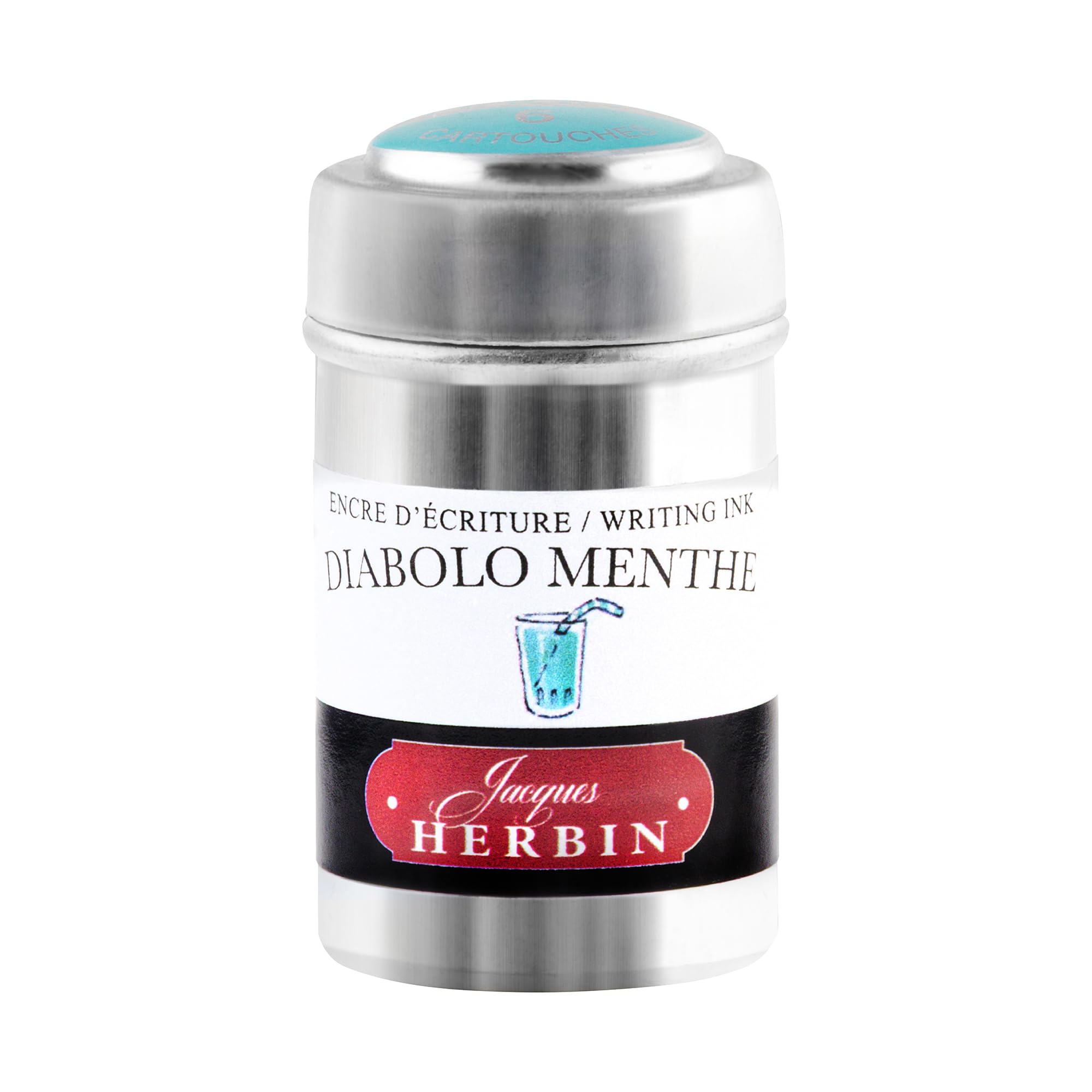 Jacques Herbin 20133T - Box of 6 ink cartridges for fountain pens and rollerball pens (packaging-free product - zero-waste objective), Diabolo menthe colour