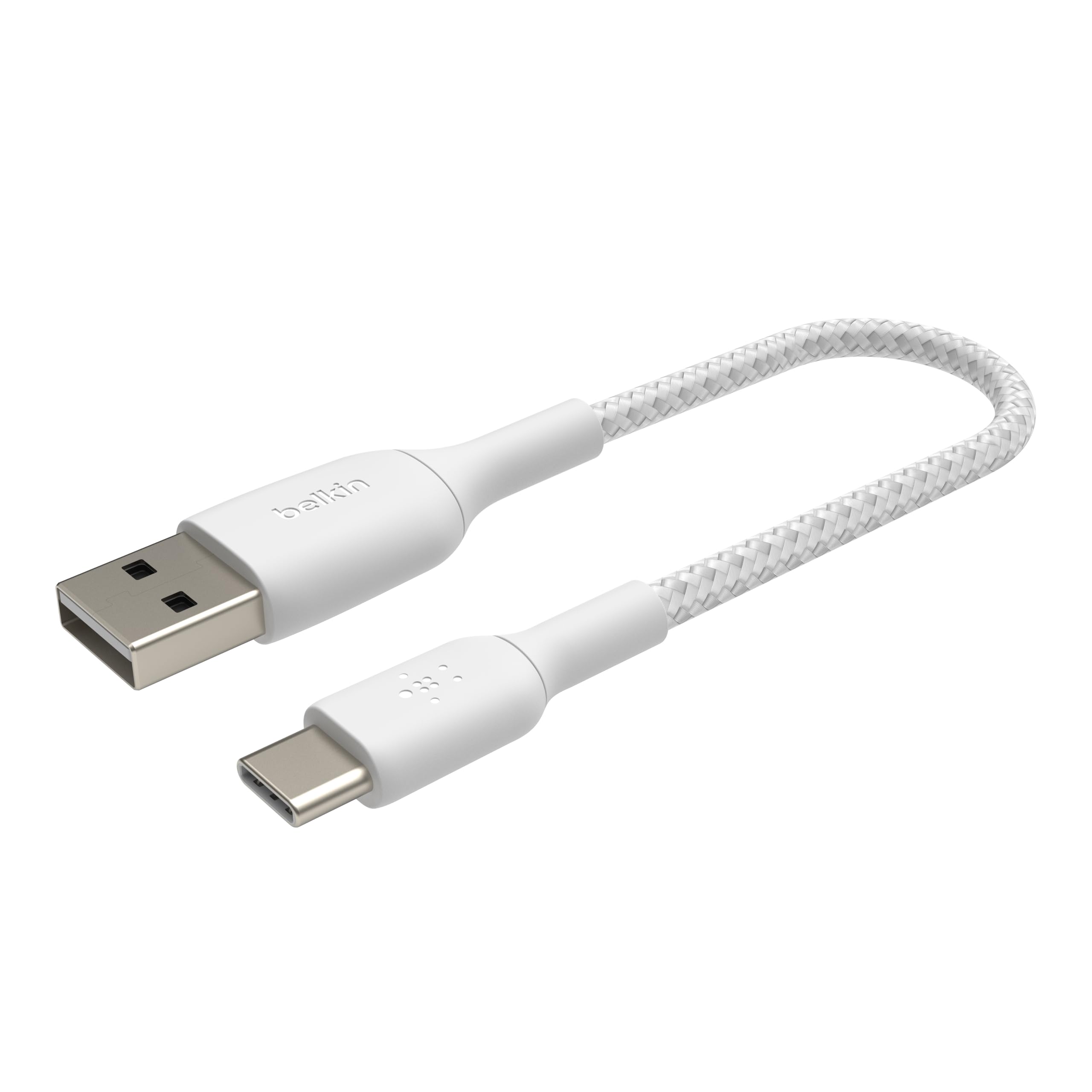 Belkin BoostCharge Braided USB C charger cable, USB-C to USB-A cable, USB type C charging cable for iPhone 16, 15, Samsung Galaxy S24, S23, Pixel, iPad, MacBook, Nintendo Switch and more - 15cm, White
