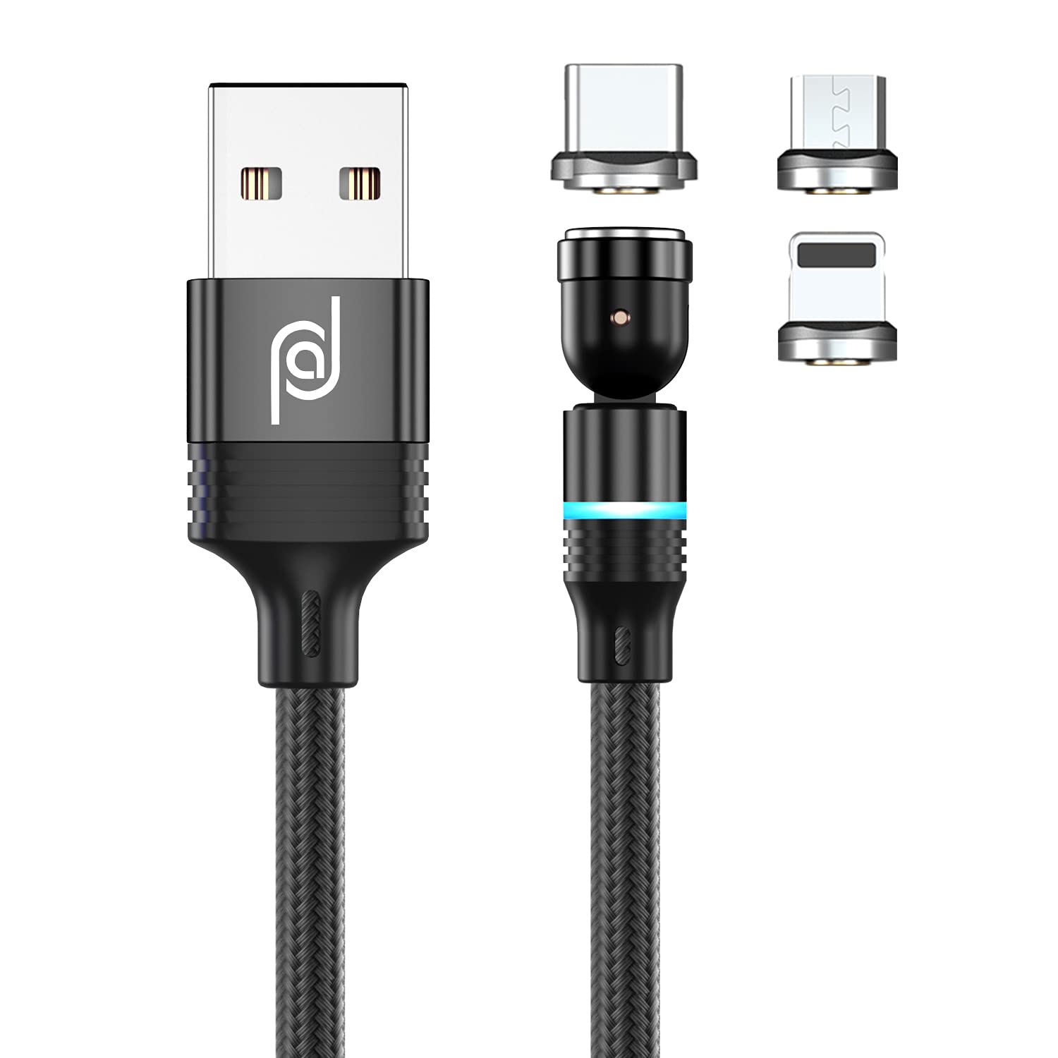 JJA Magnetic Charging Cable 3 in 1, 360°&180° Rotation Magnetic Phone Charger, 3A Nylon Braided Detachable Fast Charger, Data Transfer Cable for Micro USB, Type C, I-Connector (Black, Single Pack)