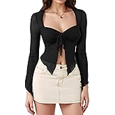 winkbay Women's Y2k Mesh Sheer Crop T Shirt Bell Long Sleeve Tie Front Goth Party Tops