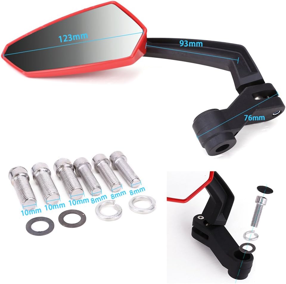 Pair Universal Motorcycle Rear View Mirrors 10mm 8mm Fitment Scooter Sports Bike Motorbike Rear View Side Handlebar End Choppers Cruiser 360 Degree Rotating (Red) - Image 5