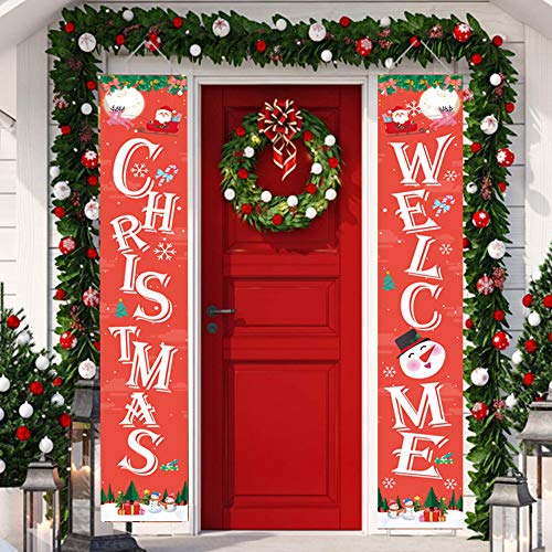 Directtyteam Christmas Porch Sign, Welcome and Christmas - Xmas Hanging Christmas Banners for Holiday Home Indoor Outdoor Porch Wall Door Curtain Decoration