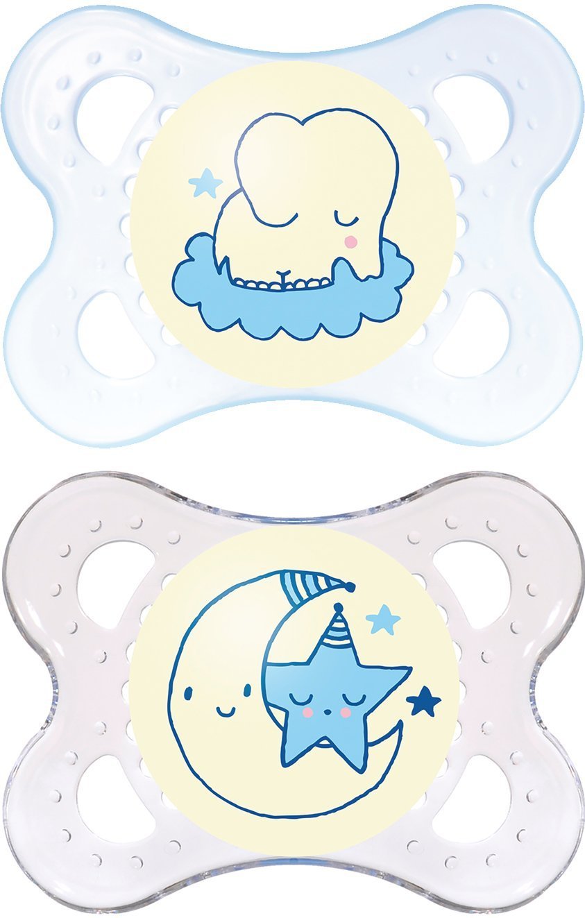 MAM Night Glow in The Dark Soother Suitable 0 Months with Sterilisable Travel Case - Pack of 2, Blue/White (Designs May Vary)