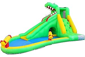 Pogo Bounce House Backyard Kids Inflatable Water Slide for Kids and Toddlers with Splash Pad Pool, Outdoor, includes Rock Climbing Wall, Water Cannons, Blower, Alligator Theme, 14.8' x 10.5' x 7.9'