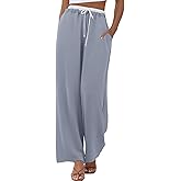 ONLYSTORY Womens Wide Leg Pants Flowy Hight Waist Adjustable Drawstring Palazzo Trousers Casual Patchwork Pants with Pockets