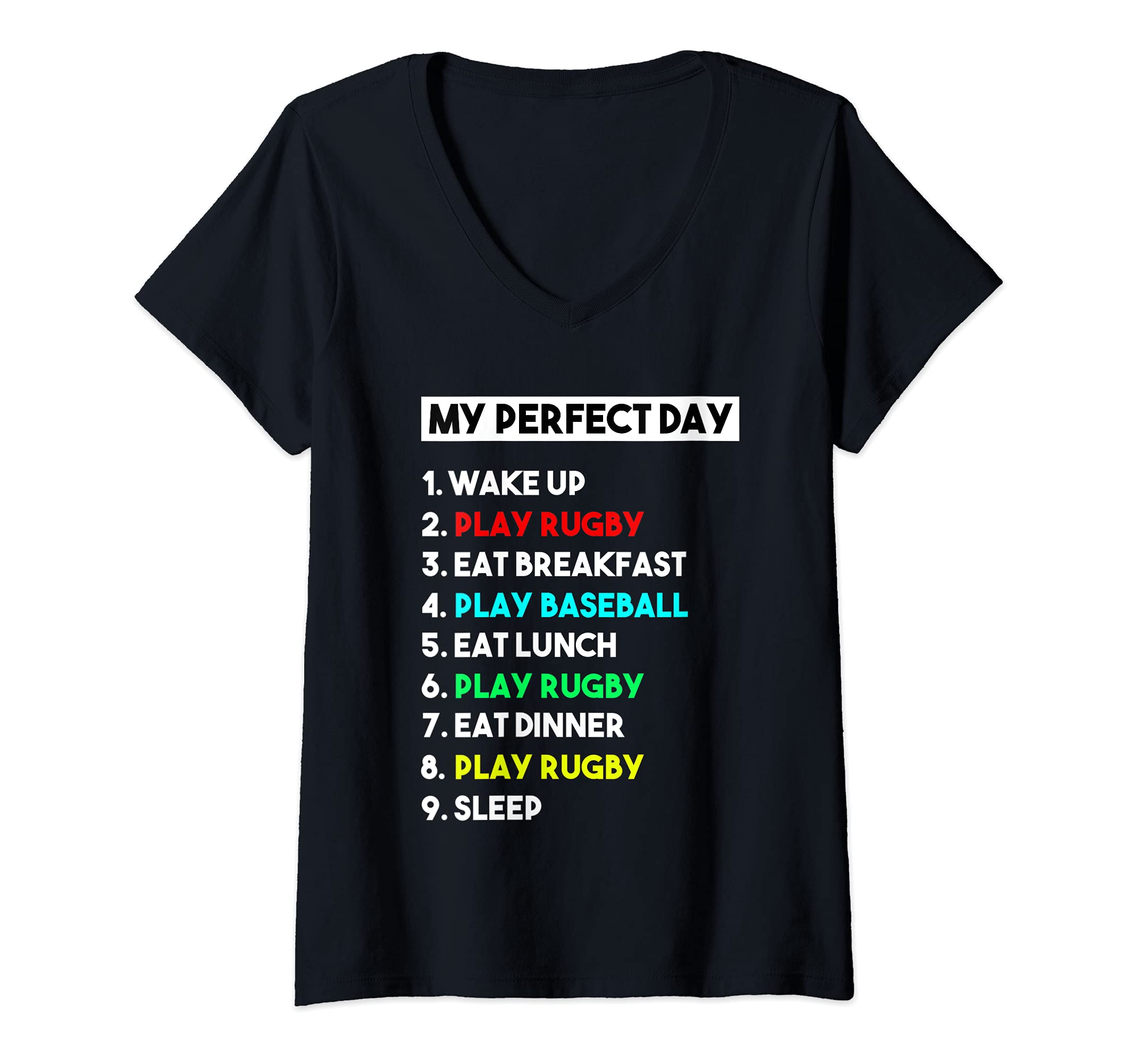 Womens My Perfect Day Play Rugby for Men Women V-Neck T-Shirt