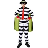 FOCUSOUL Men Thief Costume Striped Shirt Pants Cloak Hat Tie Eye Mask Full Set Halloween Cosplay Outfit