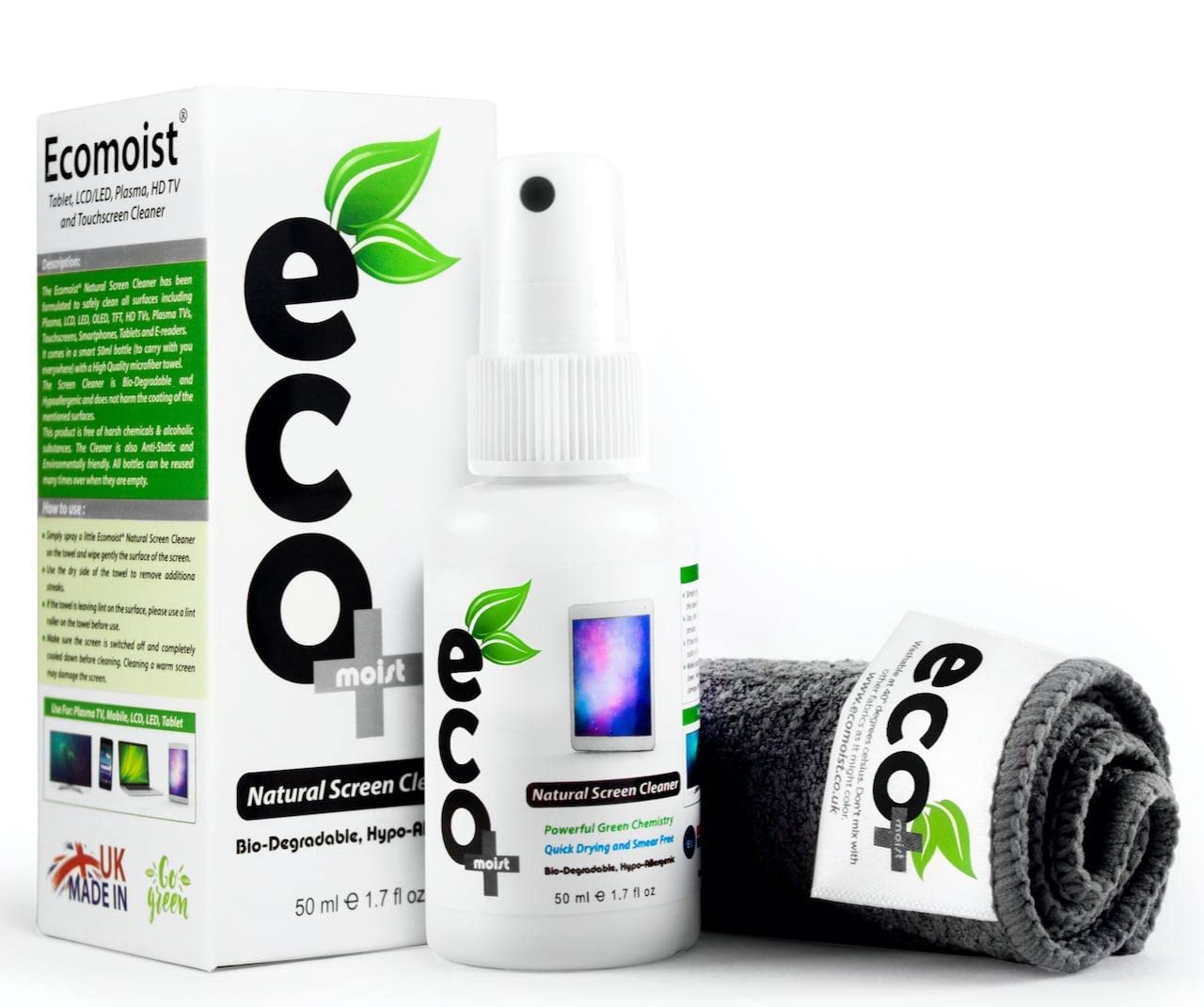 Ecomoist Natural Screen Cleaner 50ml with Fine Microfiber Towel For LCD TFT Plasma Computer Laptop