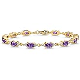 Gem Stone King 18K Yellow Gold Plated Silver Purple Amethyst and White Moissanite Tennis Bracelet For Women (6.31 Cttw, Gemstone Birthstone, Oval 6X4MM, 6.5, 7, 7.5 Inch)