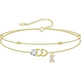 RIVIKO Gold Heart Initial Bracelets for Women,925 Sterling Silver Gold Plated Layered Letter Charm Bracelets,Adjustable Alphabet Personalized Jewelry Christmas Birthday Gifts for Her Wife Mom Friend
