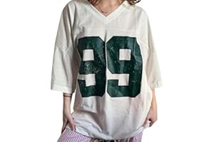 Pinclodly Jersey Shirts for Women Number Graphic Short Sleeve Tshirts Casual V Neck Baggy Tees Y2K Grunge Shirts