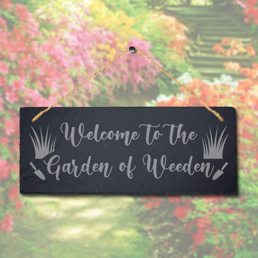 Stukk Welcome Weeeden Hanging Garden Allotment Sign, Natural Engraved Slate Stone Plaque, 30x12cm (Large)