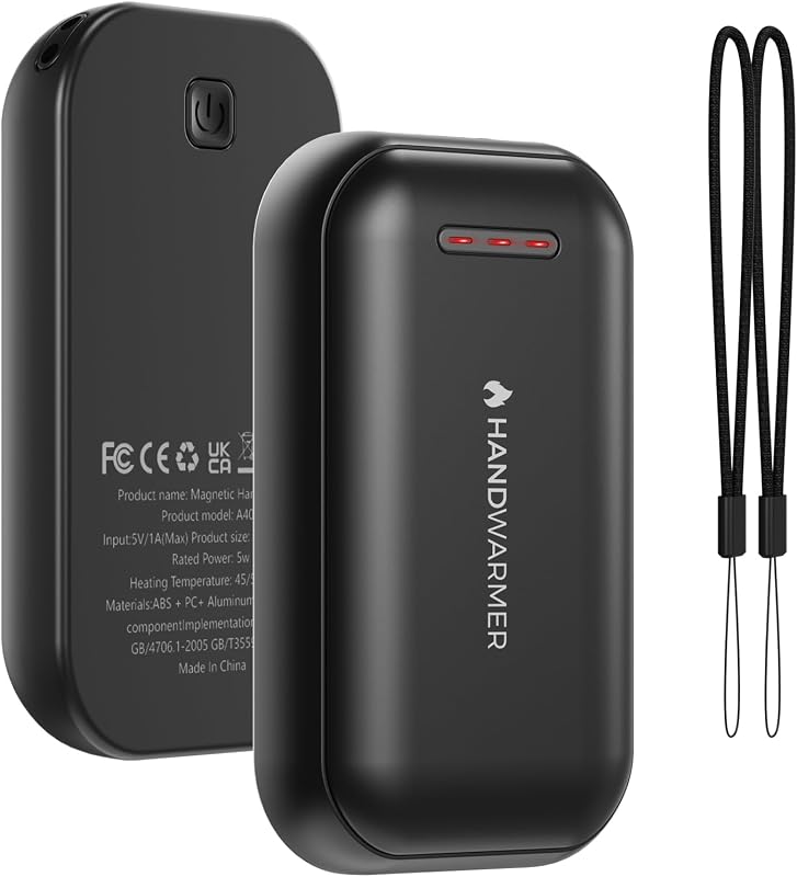 Aquecedores de mãos magnéticos recarregáveis 2 em 1 - 6000mAh, 3 níveis de aquecimento 45/50/55°C, USB-C, Aquecimento 3s, para exterior e frio, oferta para mulheres, preto