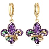 coadipress Mardi Gras Earrings Hoops for Women Dainty Fleur De Lis Feather Mask Crown Jester Hat Hoop Earrings Carnival Dangling Earrings Fat Tuesday Jewelry Accessories