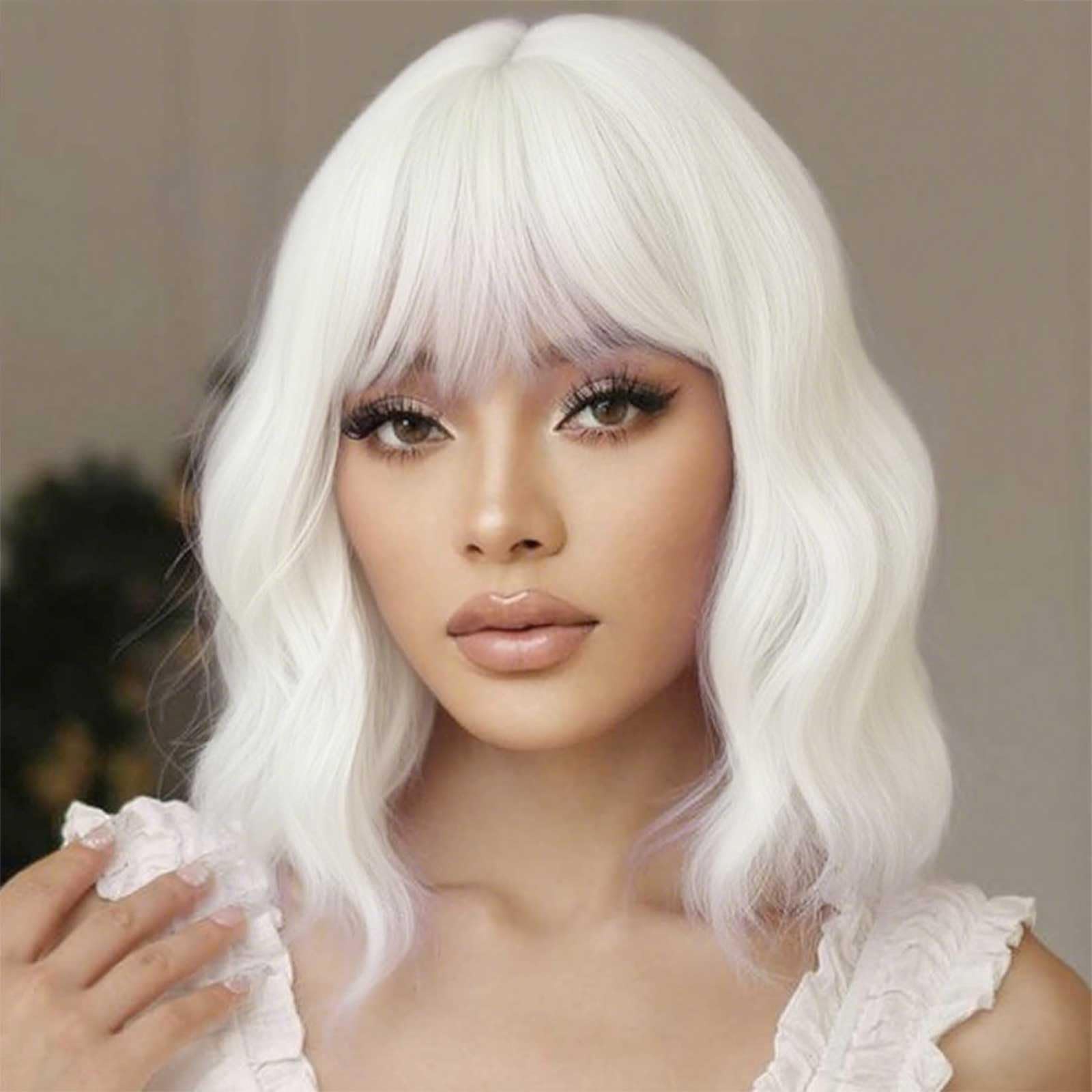 Photo 1 of Short Bob Wavy Wig with Bangs for Women White Color Wigs for Women Loose Curly Shoulder Length Bob Curly Women's Charming Synthetic Fiber Wigs (White)