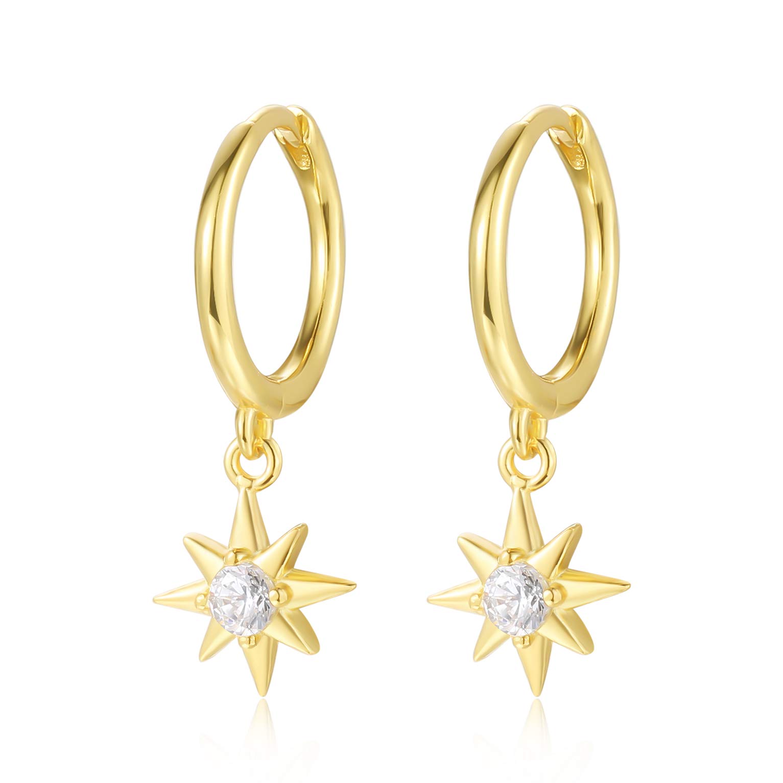 Tiny Cubic Zirconia Starburst Dangle Hoop Earrings Sterling Silver Gold Cartilage Helix Hoop Hinged Sleeper Earrings with Charms