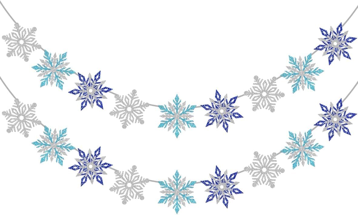 2 Pcs Silver Blue Snowflake Banner, Snowflake Winter Party Decorations, Snowflake Garland Christmas Party Decorations (MIX)