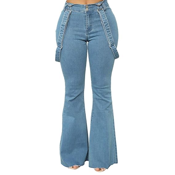 Womens Bib Overalls Pants BellBottom Jeans High Waist Zipper Trousers