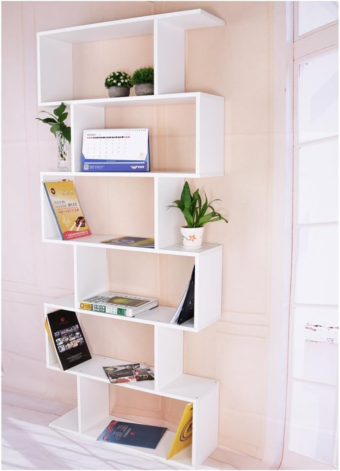 UKHOMEGARDEN Wooden Bookshelf, S Shape 6 Tier Small Bookcase Display Shelf Closet Organizer for Home Office Hall Versatility Decoration (White)