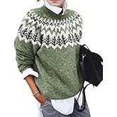 Women's Boho Fair Isle Pattern Long Sleeve Crewneck Sweater Lightweight Cozy Fall Winter Knitwear Pullover Tops