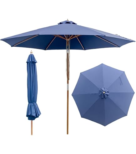 9ft Blue White Striped Wooden Market Umbrella with Pulley for Outdoor Patio Pool Terrace and Cafe Large Garden Parasol : Patio, Lawn & Garden