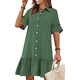 Wkior Women's Casual Shirt Dress Button Down Ruffle Sleeve Mini Summer Dresses with Pockets