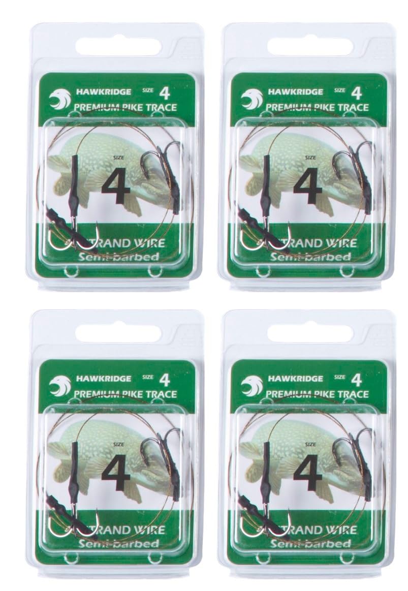 HAWKRIDGE - 4 x Predator SEMI BARBED Pike Snap Tackle Double Hook Bait Rig 30cm Trace Using American 7x7 Wire Strands - Available in Size 4, 6 or 8 (4 x size 4 hook)