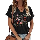 Womens Vintage Flowers V Neck Printed Shirt Funny Boho Flower Graphic Tee Casual Wildflower Botanical Short Sleeve