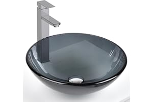 SOLIDEE Bathroom Vessel Sink, Tempered Glass Vanity Round Bowl with Chrome Faucet and Pop up drain Set, Bluish Grey