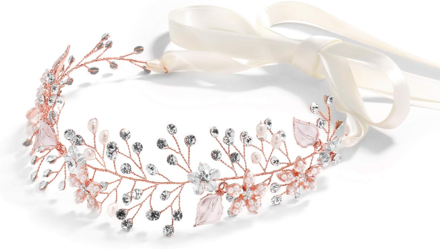 Mariell Rose Gold Freshwater Pearl and Crystal Bridal Hair Vine Ribbon Headband