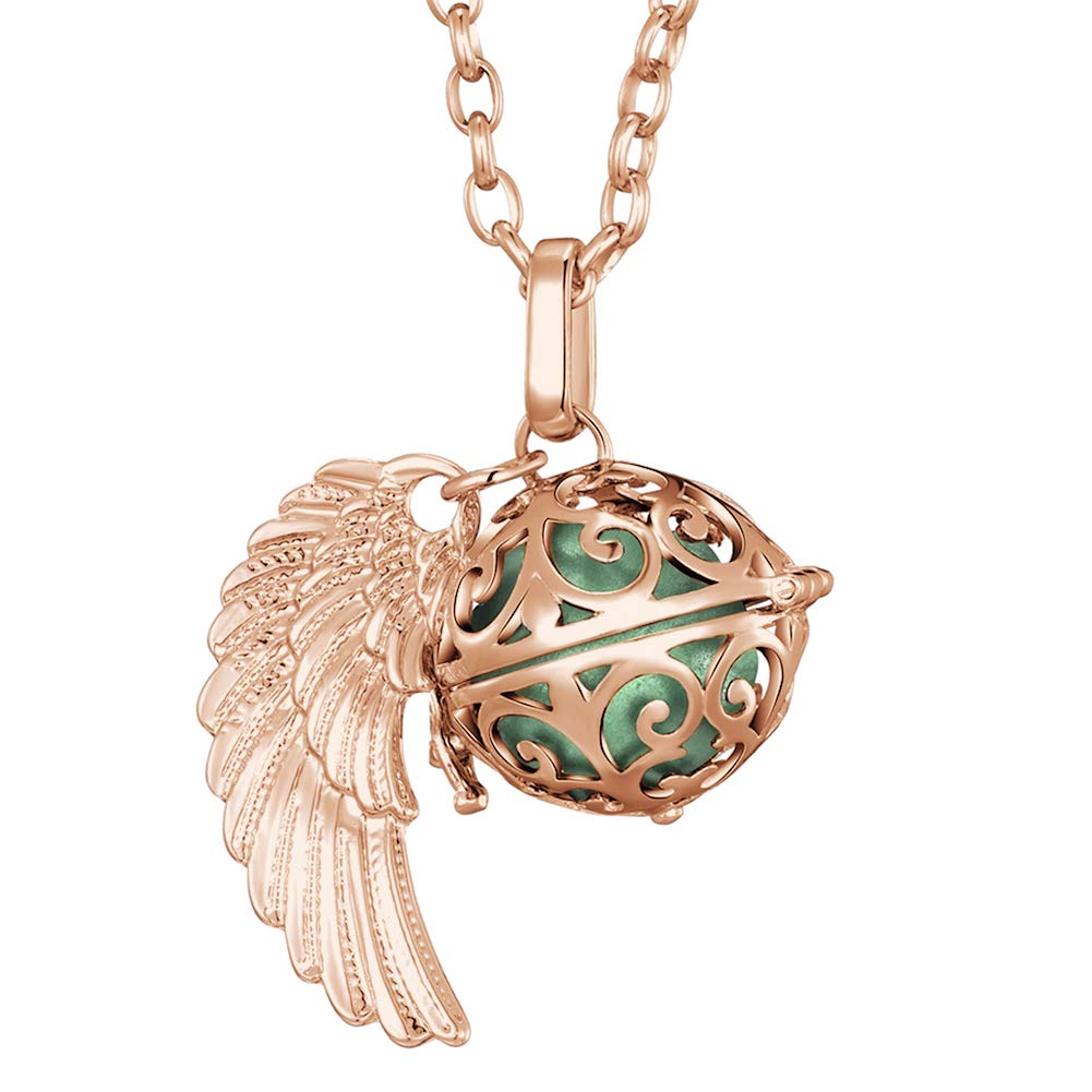 Morella Women Necklace Rose Golden Stainless Steel 70 cm 27,5" with Ornament with Angel Wing Pendant with Sound Ball Light Green Ø 16 mm 0,63" in a Velvet Jewelry Bag