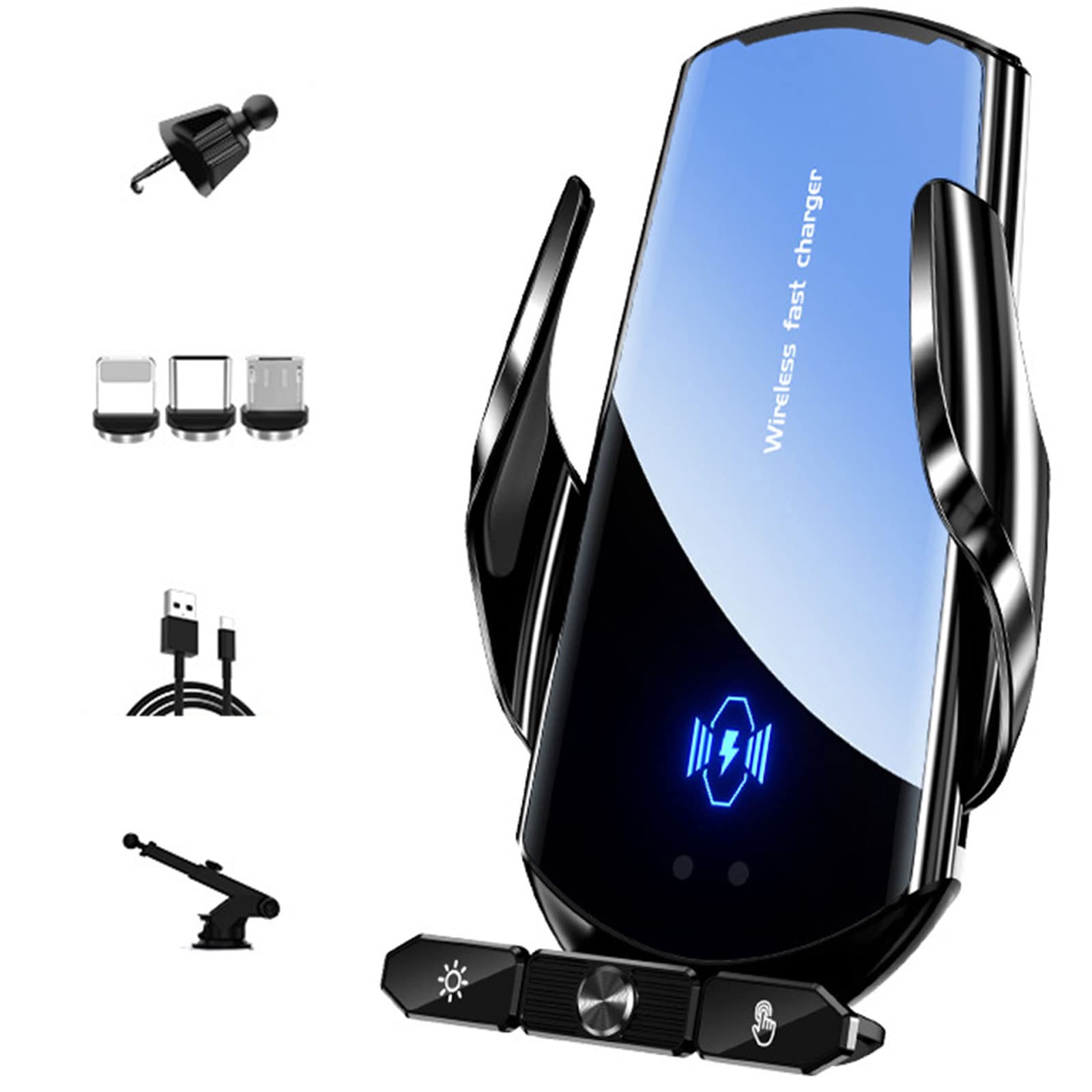 Wireless Car Charger Phone Holder, 15W Fast Charging Smart Auto Clamping Air Vent Cellphone Holder, Wireless Charging, Magnetic Head Charging, USB Charging with Type-C/iOS/Micro USB Port (Black)