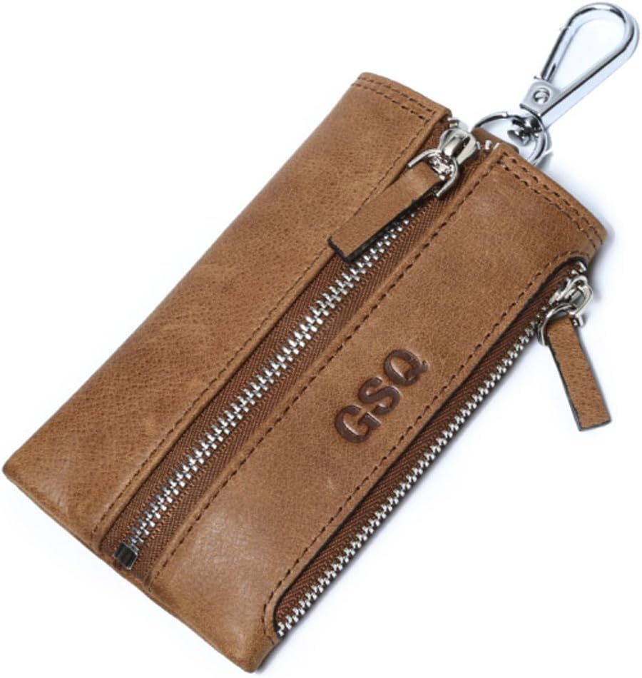GSQ Leather Zipper Key Cases Holder Money Organizers Coin Bag Purse Pouch with Lobster Clasp(Khaki)