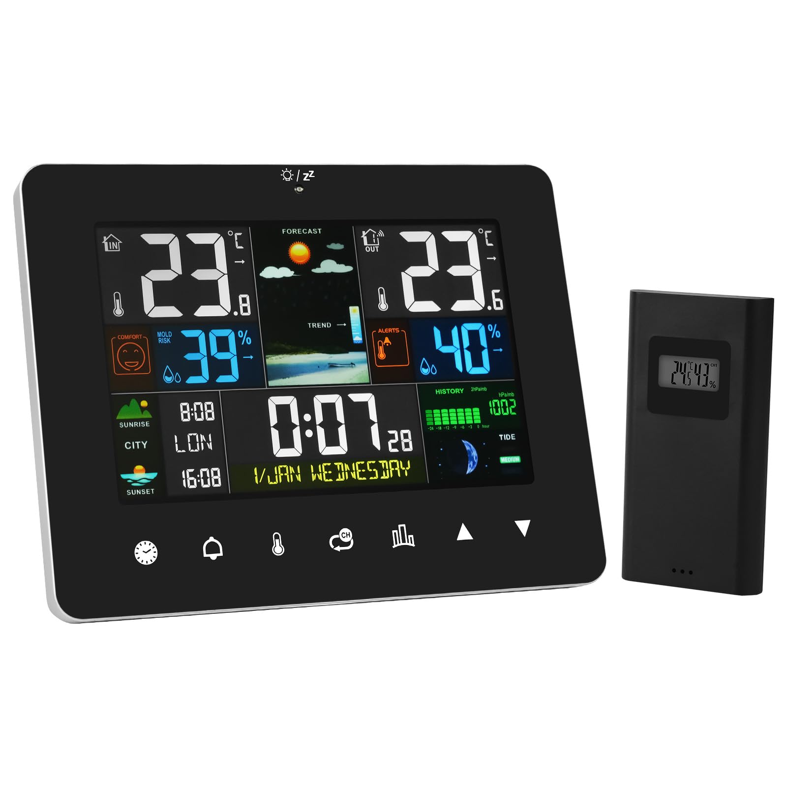 OFFCUP Wireless Weather Station with Sensor, Radio Controlled, Indoor Outdoor Temperature Thermometer, Humidity, Barometric Pressure, Sunrise/Sunset Times