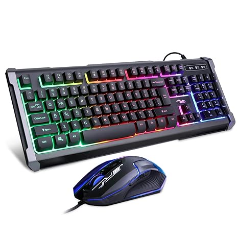 BAKTH Gaming Tastatur und Maus Set, Regenbogen LED Beleuchtung QWERTZ Deutsch Layout, Wasserdicht Beleuchtete Tastatur und Ma