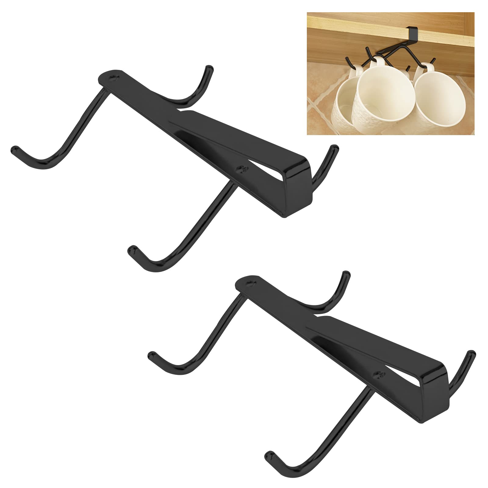 UFURMATE Mug Hooks, 2Pcs 304 Stainless Steel Mug Holder Drilling Free Coffee Cups Holder Under Cabinet Mug Holder Rack, Fit for Cabinet 0.78" or Less (Black)