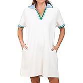 Meyhad Polo Mini Dress for Women Casual V Neck Short Sleeves Tennis Dress Contrast Trim Shirt Dress with Pockets