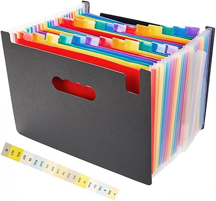 Sistema Archivo Plástico Carpeta Archivadora A4 Con 12 Compartimentos - Organización Por Colores, Cierre Elástico, Negro Carpeta Portátil Arcoíris