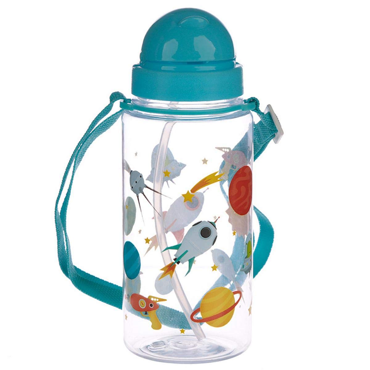 Puckator Space Cadet - Kids Drinks Bottle With Straw - Reusable Water Bottle For Girls And Boys With Long Strap Bpa Free Cute Video Game Pp 450ml