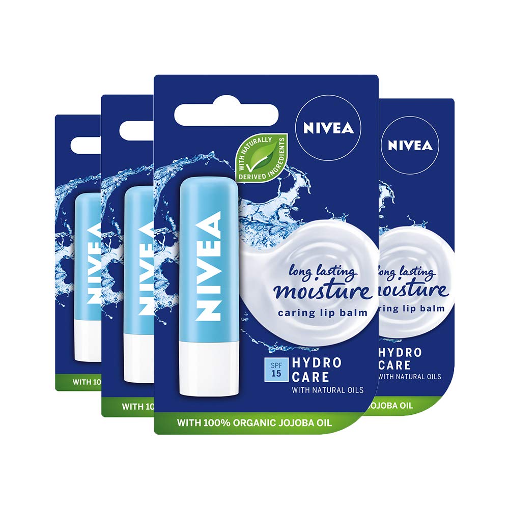 NIVEA Hydro Care Lip Balm with SPF 15, Pack of 4 (4 x 4.8g), Hydrating Moisture Care with Aloe Vera and Natural Oils for 12h