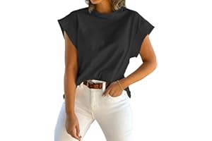 Tankaneo Womens Summer Cap Sleeve Tank Top Crew Neck Solid Casual Loose Fit Basic Tee Shirt