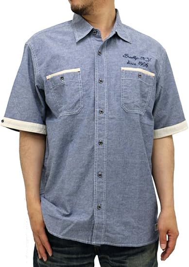 Amazon Co Jp マルカワジーンズパワージーンズバリュー Marukawa Jeans Power Jeans Value 大きいサイズ メンズ シャツ 半袖 刺繍 シャンブレー 2color 5l ブルー 服 ファッション小物
