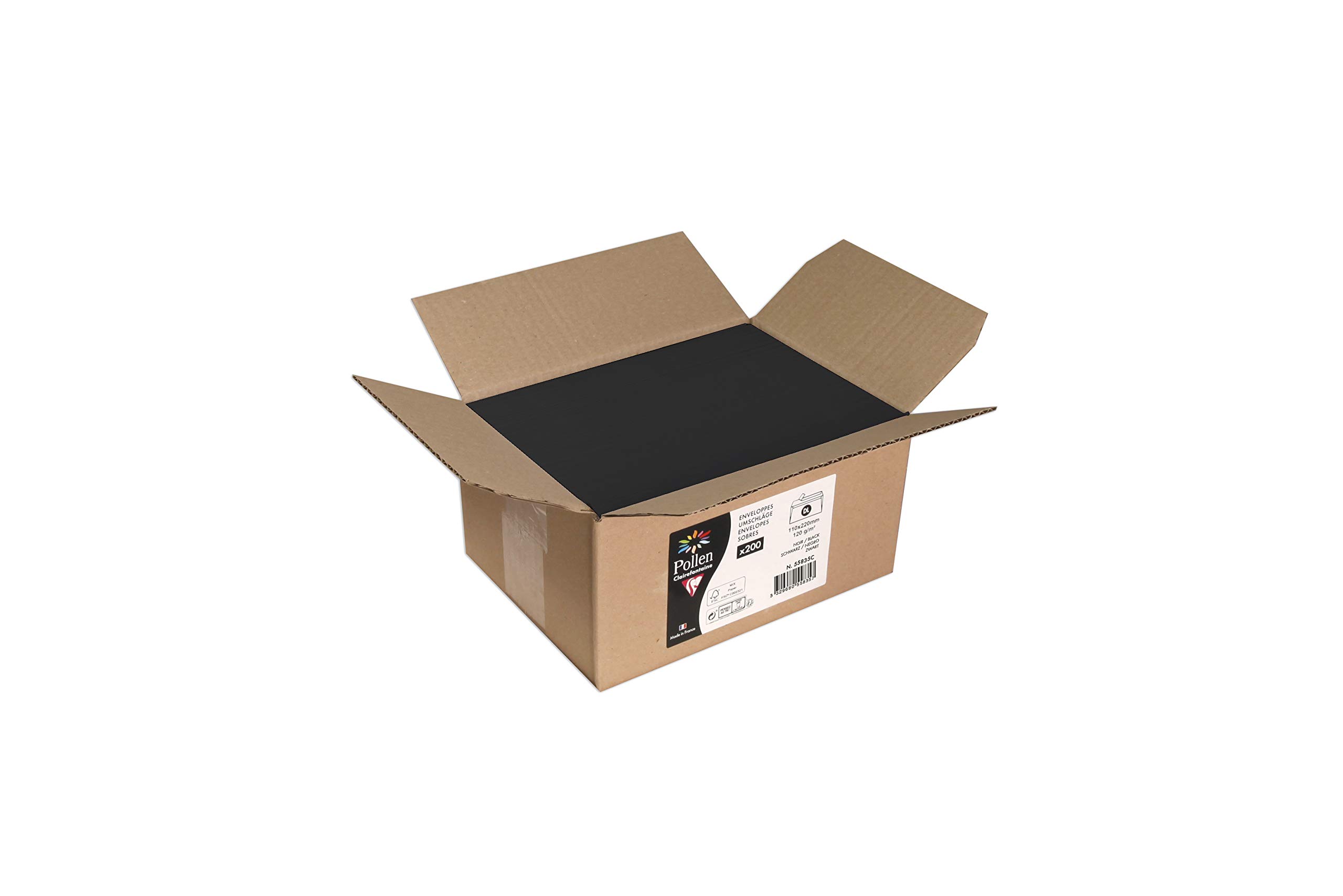Clairefontaine 55835C Box of 200 Self-Adhesive Envelopes DL (11x22cm) 120g/m² Colour Black Invitation Event Correspondence Range Pollen Premium Smooth Paper