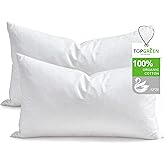 TOPGREEN Feathers Down Throw Pillow Inserts 12x20, Set of 2, 100% Organic Cotton Shell, Soft Decorative Lumbar Pillow Insert for Living Room Sofa, Couch, or Bed (White)