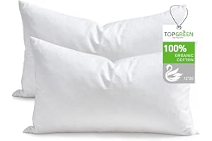 TOPGREEN Feathers Down Throw Pillow Inserts 12x20, Set of 2, 100% Organic Cotton Shell, Soft Decorative Lumbar Pillow Insert for Living Room Sofa, Couch, or Bed (White)