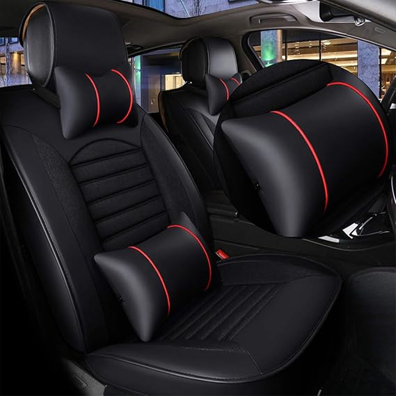 FREESOO Car Seat Cover Cushions Full Set, Leather Breathable Flax Linen