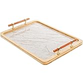 DEAYOU Bamboo Serving Tray with Handles, Marbling Decorative Ottoman Tray, Large Serving Platter for Coffee Table, Breakfast, Dinner, Perfume, Kitchen Counter, Living Room, Rectangle, 15.5"Lx 11.5"W